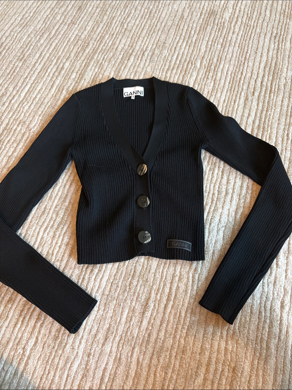 Ganni Black Ribbed V‑Neck Button Cardigan XXS